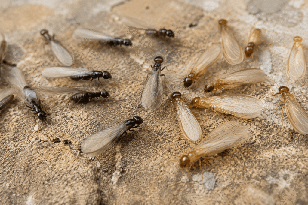 Flying ants and termite swarmers on a wood surface showing differences in body shape and wings.