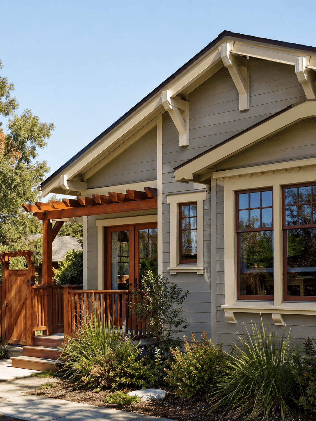 Drywood termite-prone exterior wood areas on a Sacramento home, including eaves, fascia, window trim, deck, and pergola.