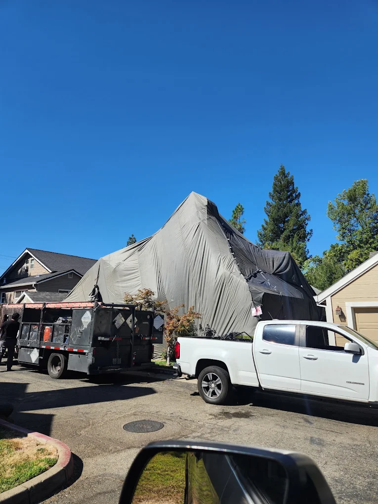 Whole-structure termite fumigation in progress at a Sacramento-area home with professional fumigation equipment.
