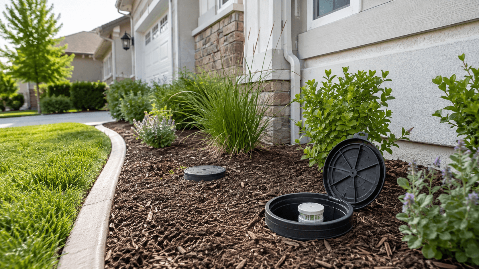 In-ground termite bait station installed in the soil beside a Sacramento home for subterranean termite control.