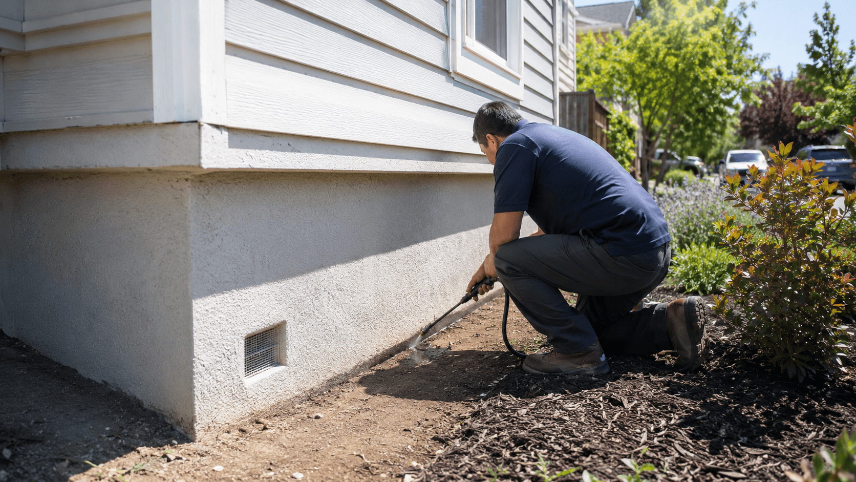 Technician applying liquid soil treatment for subterranean termites around the foundation of a Sacramento home