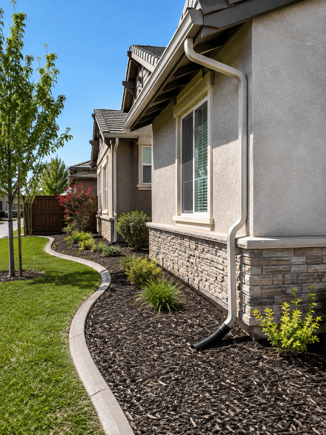 Subterranean termite prevention around a Sacramento home with clear foundation access, maintained landscaping, and drainage directed away from the structure.