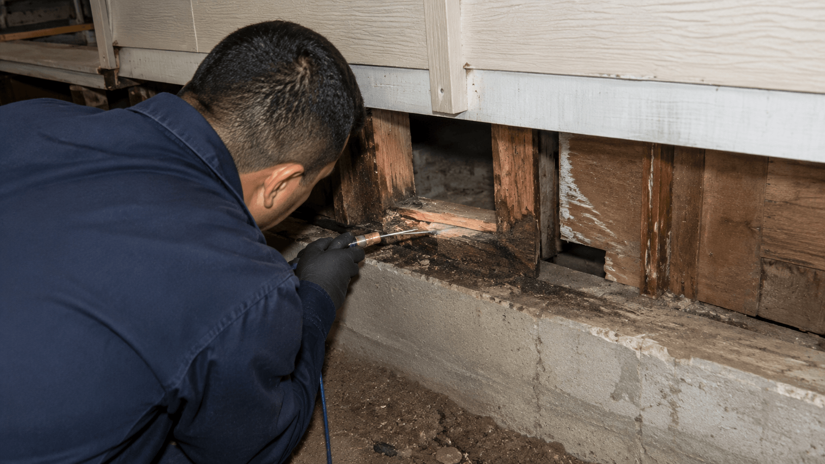 Technician applying localized termite treatment to accessible wood at a Sacramento home.