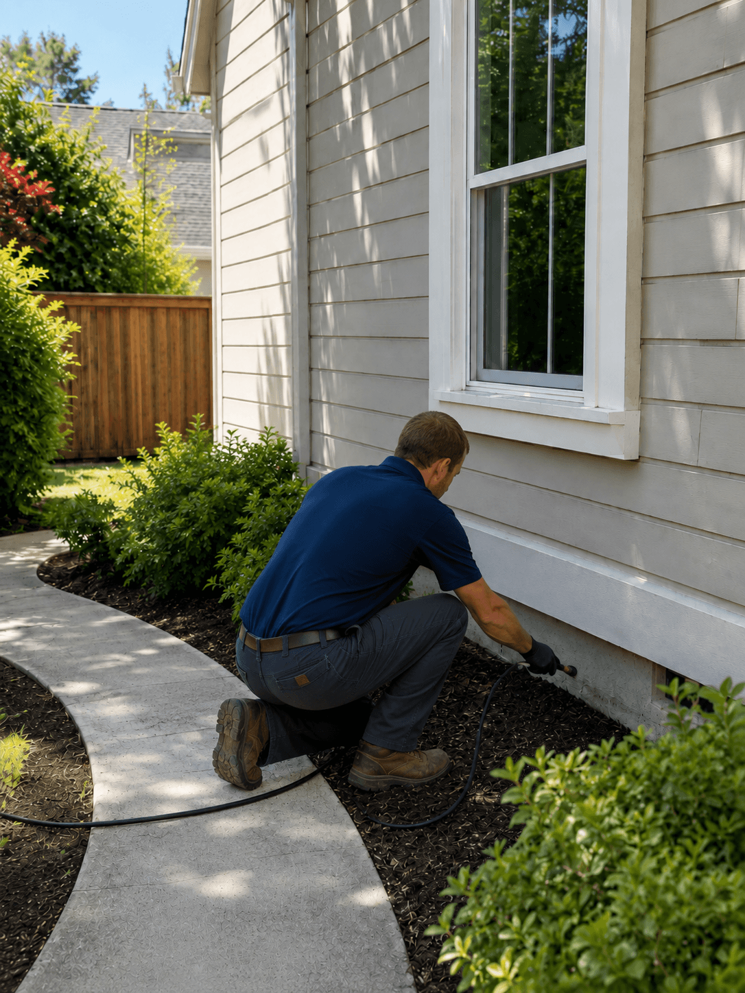 Termite technician applying perimeter treatment along the foundation of a Sacramento home.
