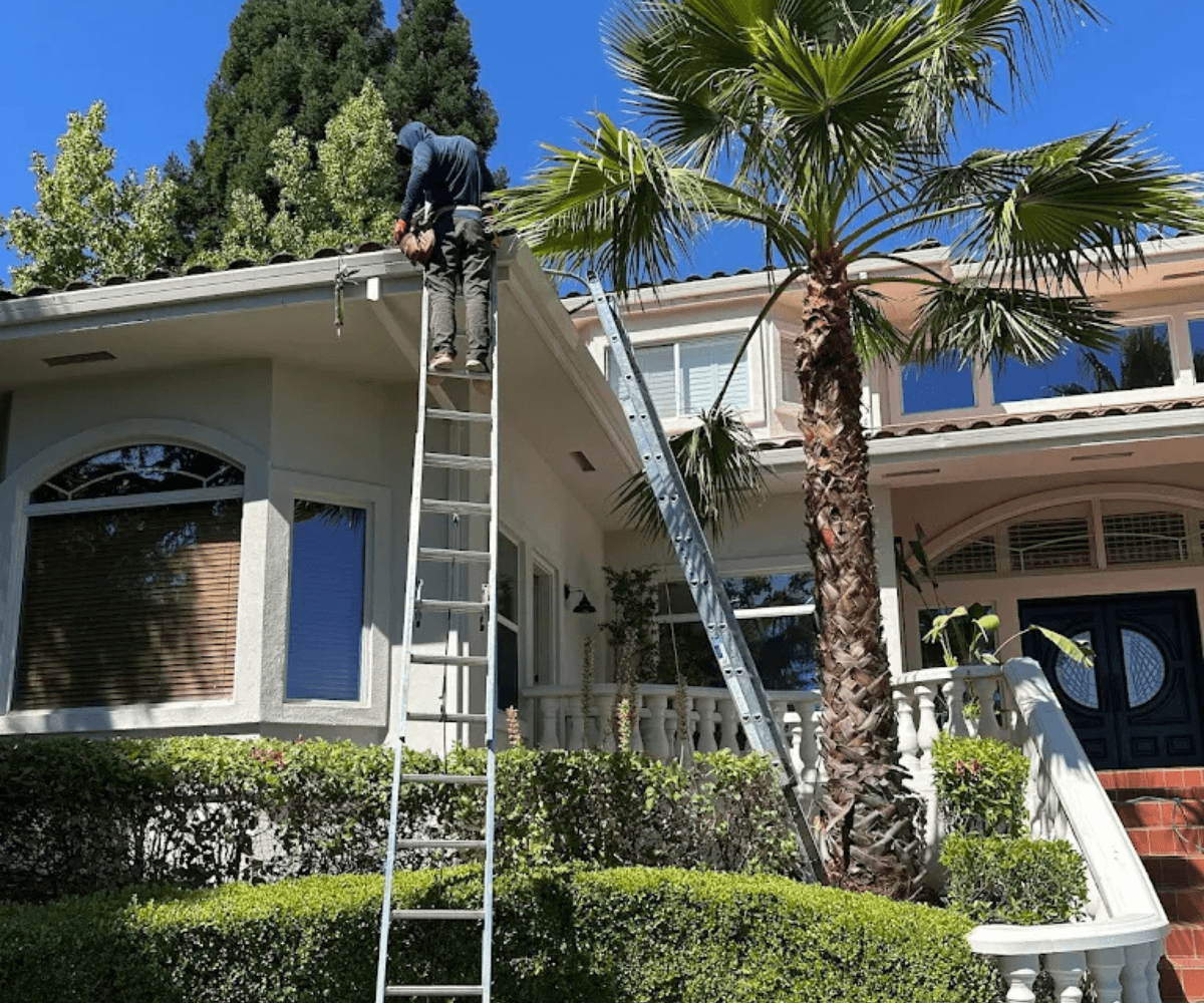 Termite inspector examining the roofline of a Sacramento home during a residential WDO inspection.