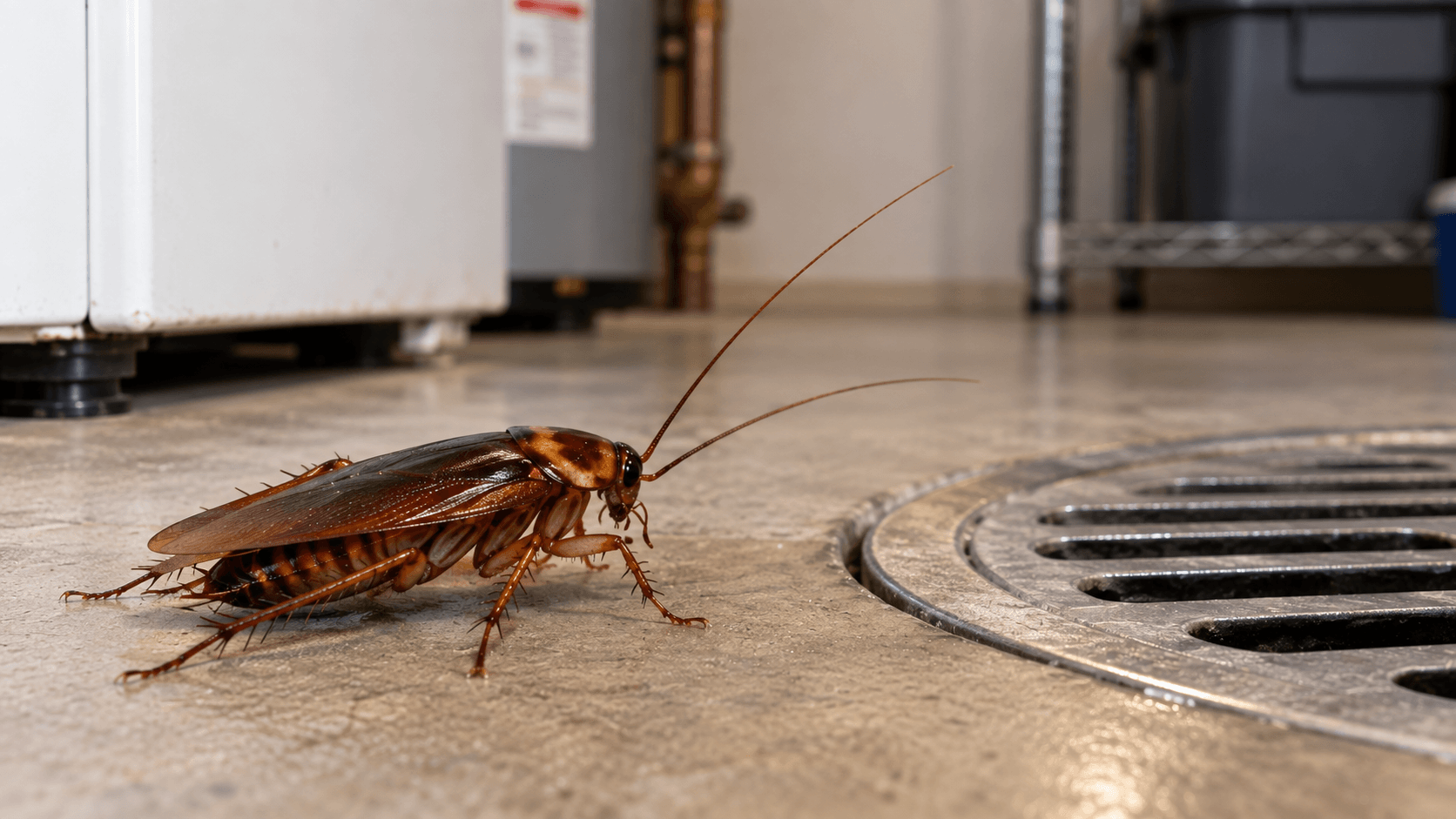 American cockroach beside a floor drain for cockroach control services in Sacramento, CA