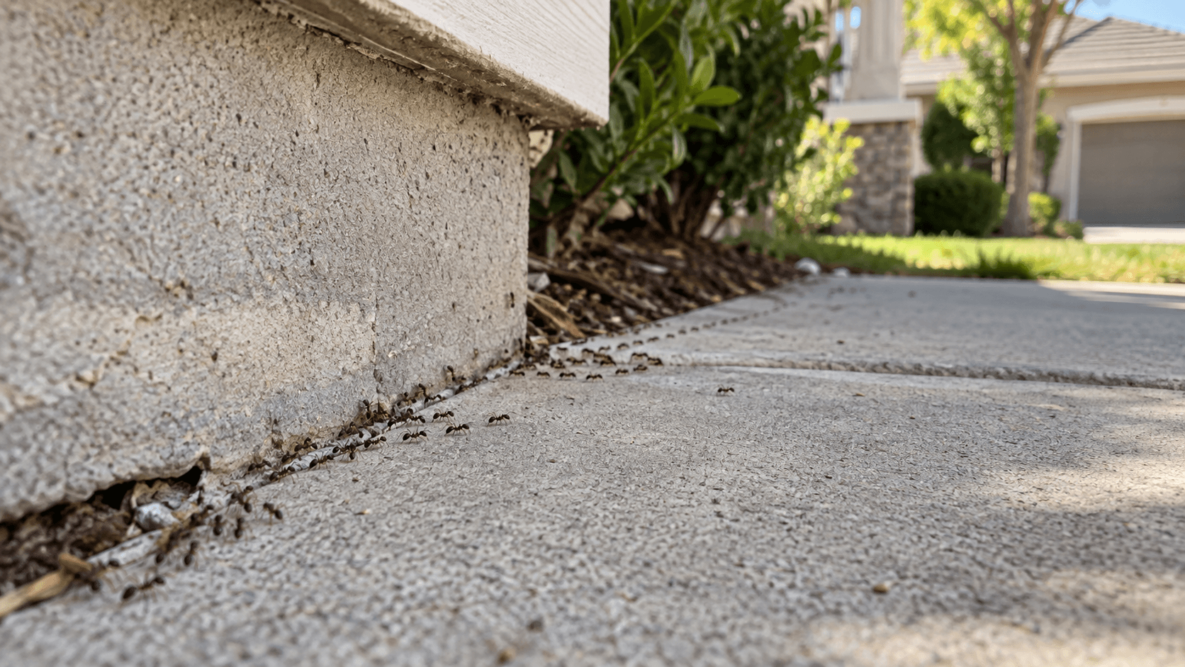 Ant trail along a residential foundation for ant control services in Sacramento, CA