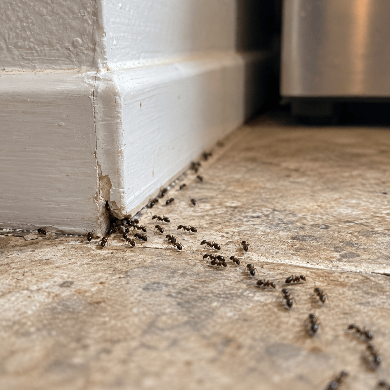 Ant trail entering through a baseboard gap inside a home in Sacramento, CA