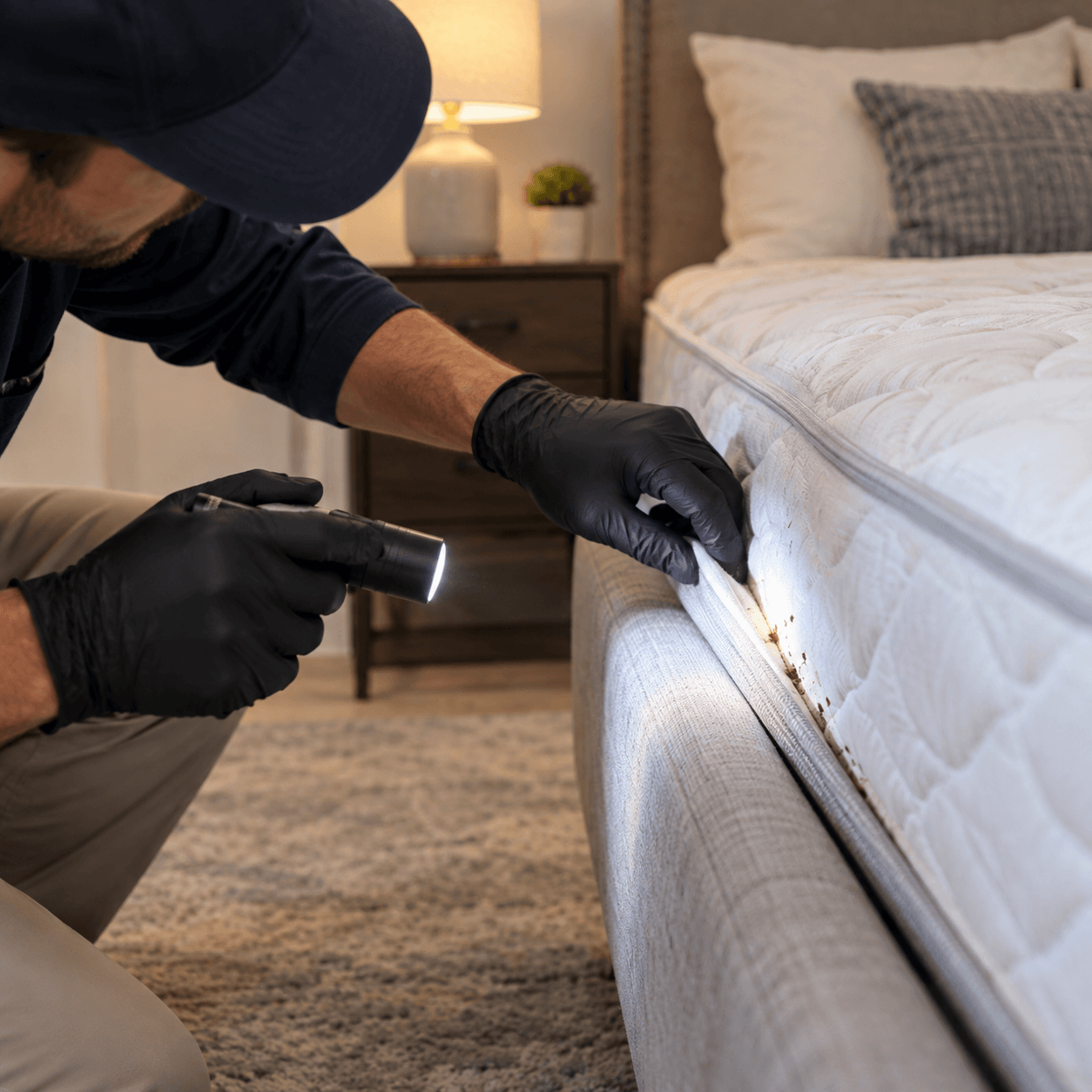Pest control professional inspecting a mattress seam for bed bug activity in Sacramento, CA