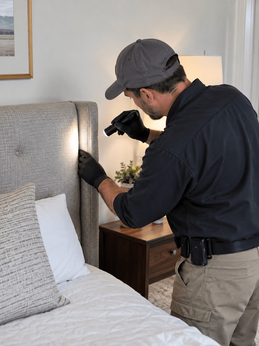 Pest control technician inspecting an upholstered headboard for bed bug activity in Sacramento, CA