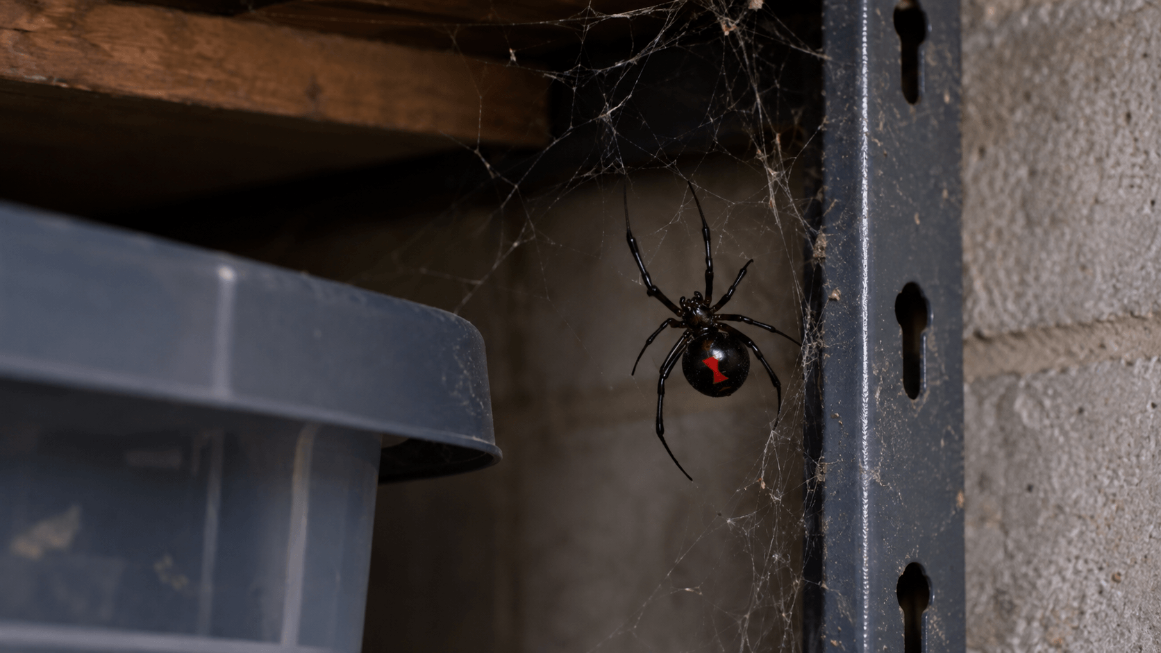 Black widow spider in an irregular web inside a garage storage area in Sacramento, CA