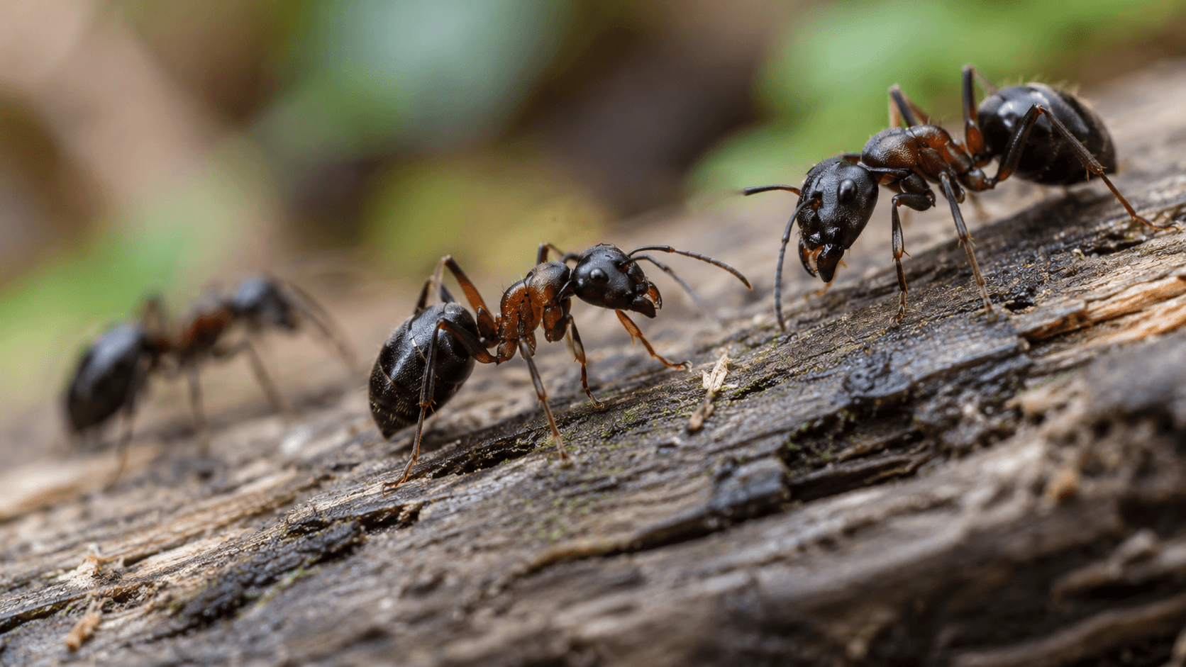 Close-up of carpenter ants on weathered wood for ant control services in Sacramento, CA