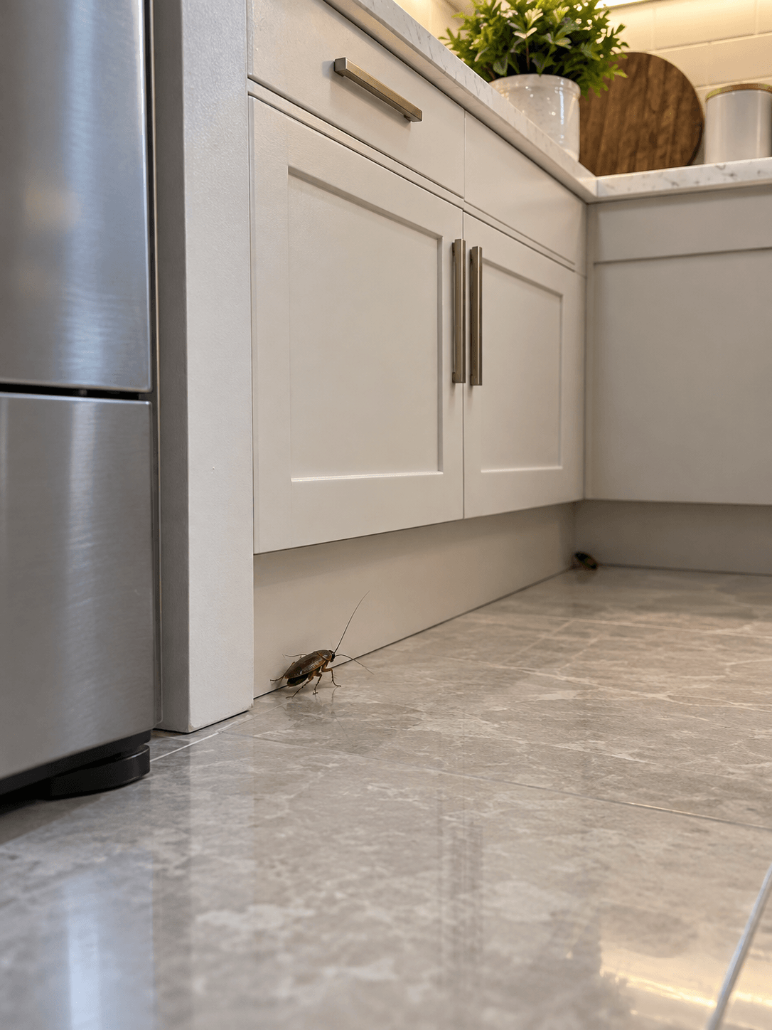 Cockroaches along the base of kitchen cabinets for cockroach control services in Sacramento, CA