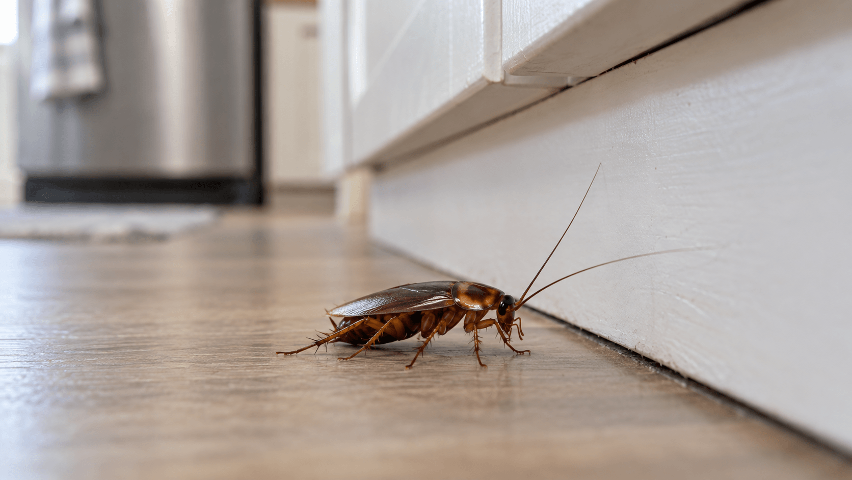 Cockroach along a kitchen baseboard for cockroach control services in Sacramento, CA
