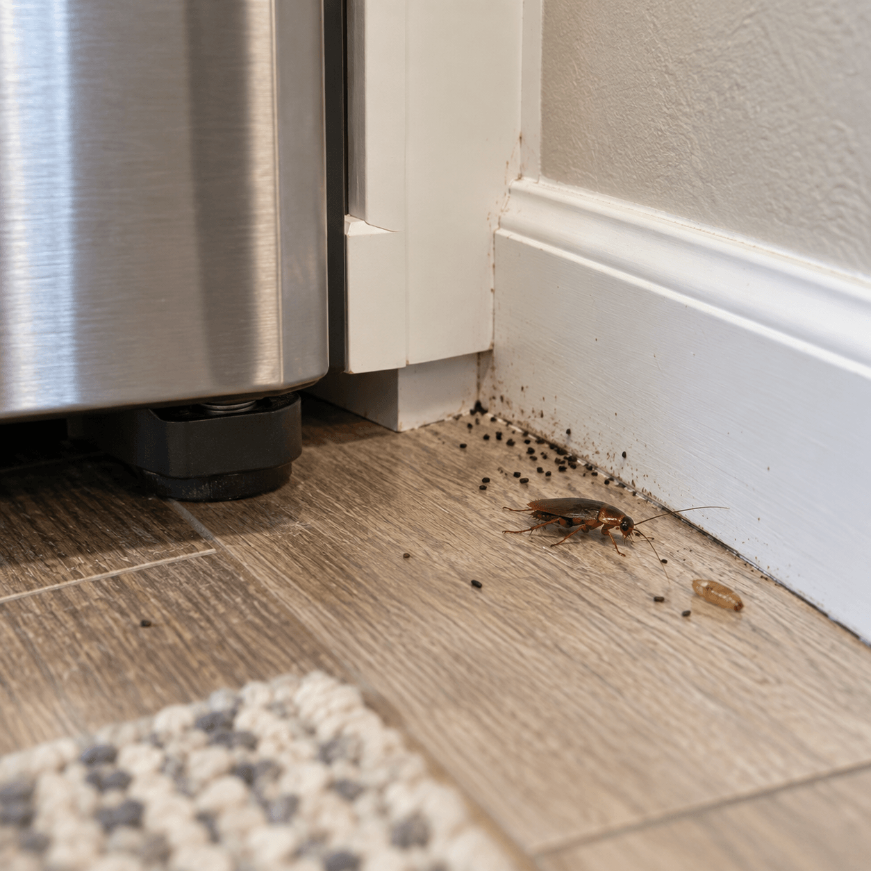 Cockroach and droppings near a kitchen appliance for cockroach control in Sacramento, CA
