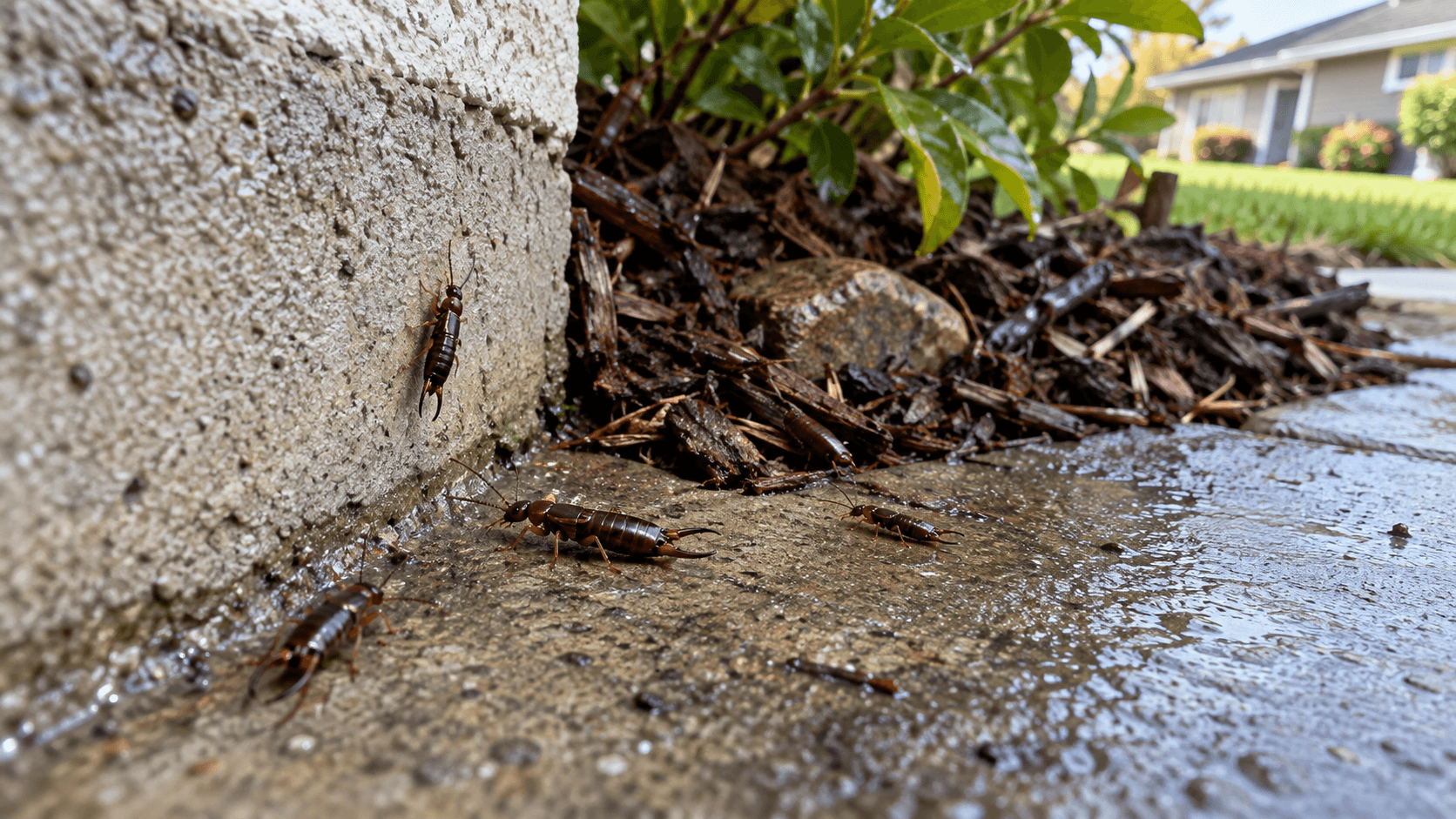 Earwigs along a damp landscaped foundation for earwig control services in Sacramento, CA