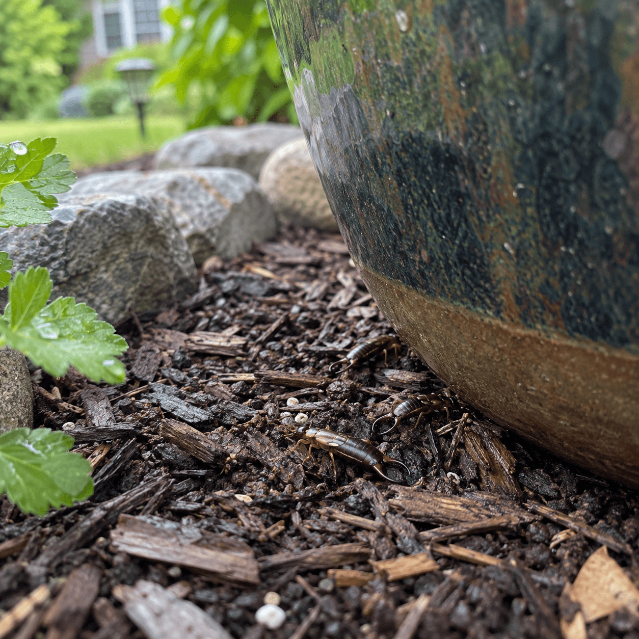 Earwigs hiding beneath a garden pot on damp mulch in a residential landscape in Sacramento, CA