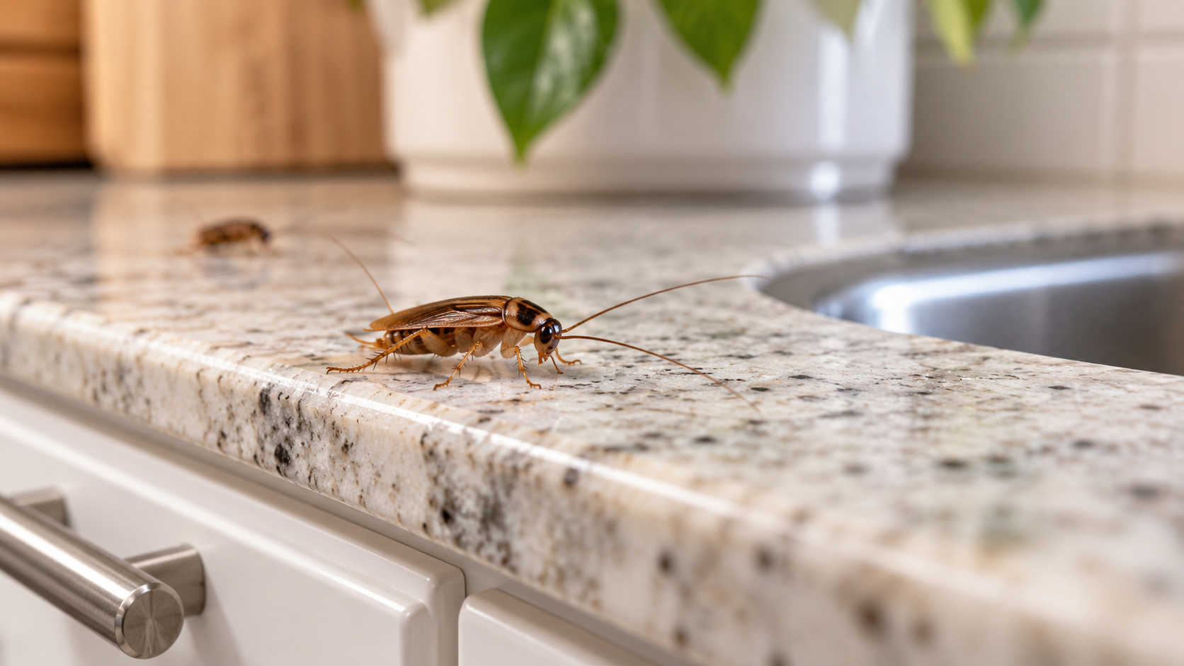 German cockroach on a kitchen countertop near a sink for cockroach control services in Sacramento, CA
