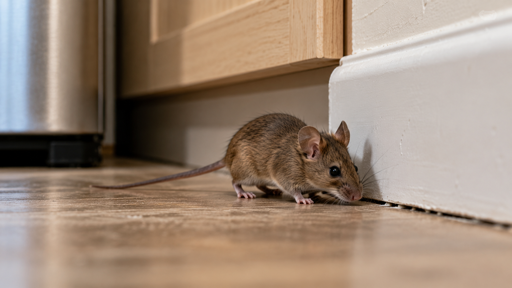 House mouse along a kitchen baseboard inside a Sacramento home.