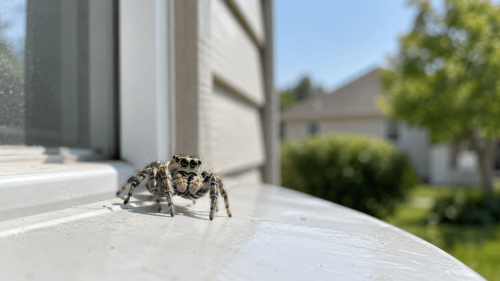 Jumping spider on a sunlit residential window ledge in Sacramento, CA