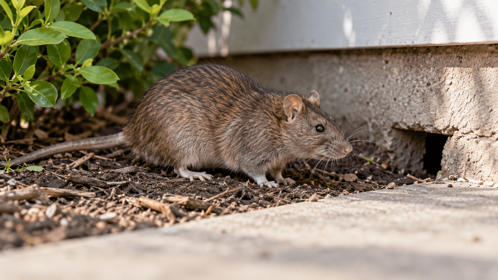Norway rat near a ground-level burrow beside a residential foundation in Sacramento, CA