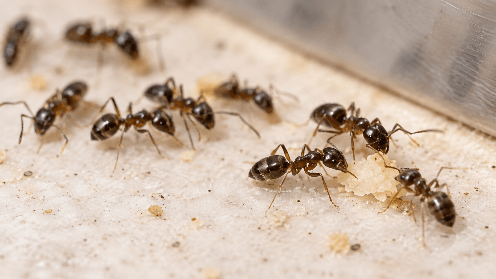 Close-up of odorous house ants on a kitchen surface for ant control services in Sacramento, CA