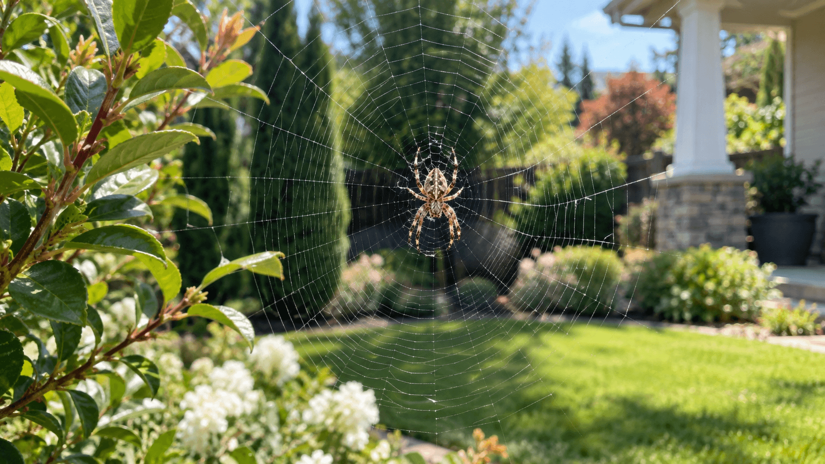 Orb-weaver spider in a circular web between garden plants in Sacramento, CA