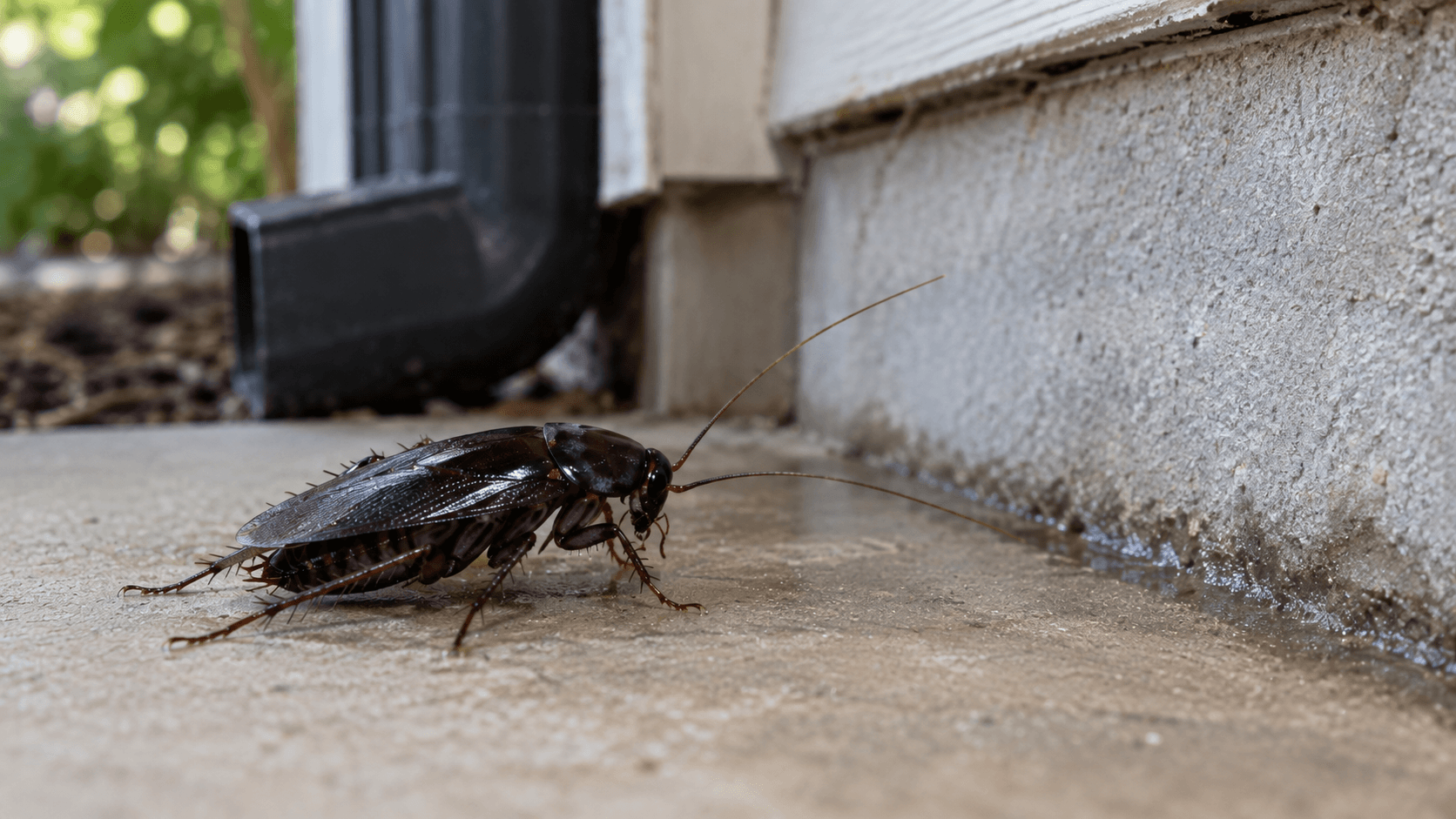 Oriental cockroach beside a damp residential foundation for cockroach control services in Sacramento, CA