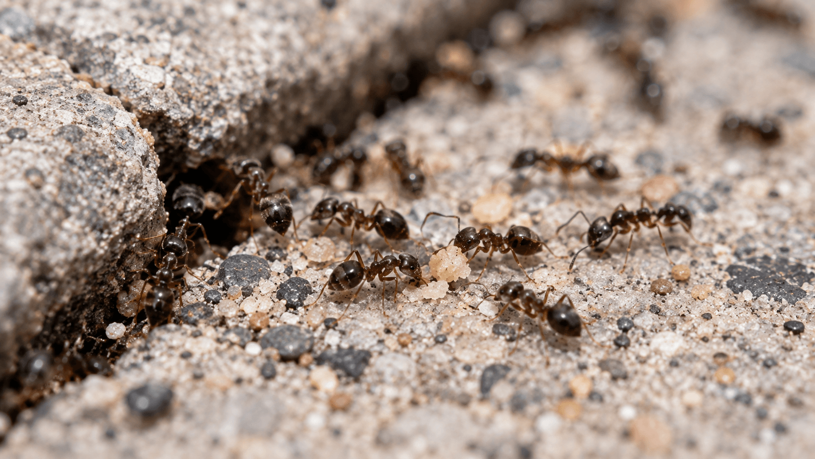 Close-up of pavement ants around a crack in concrete for ant control services in Sacramento, CA