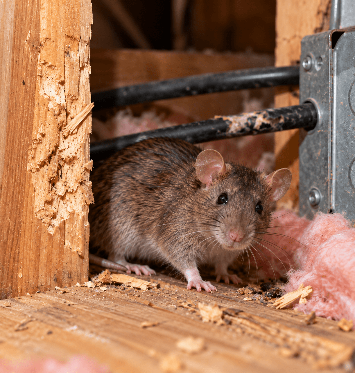 Rat moving through a crawl space near insulation during a rodent inspection in a Sacramento home
