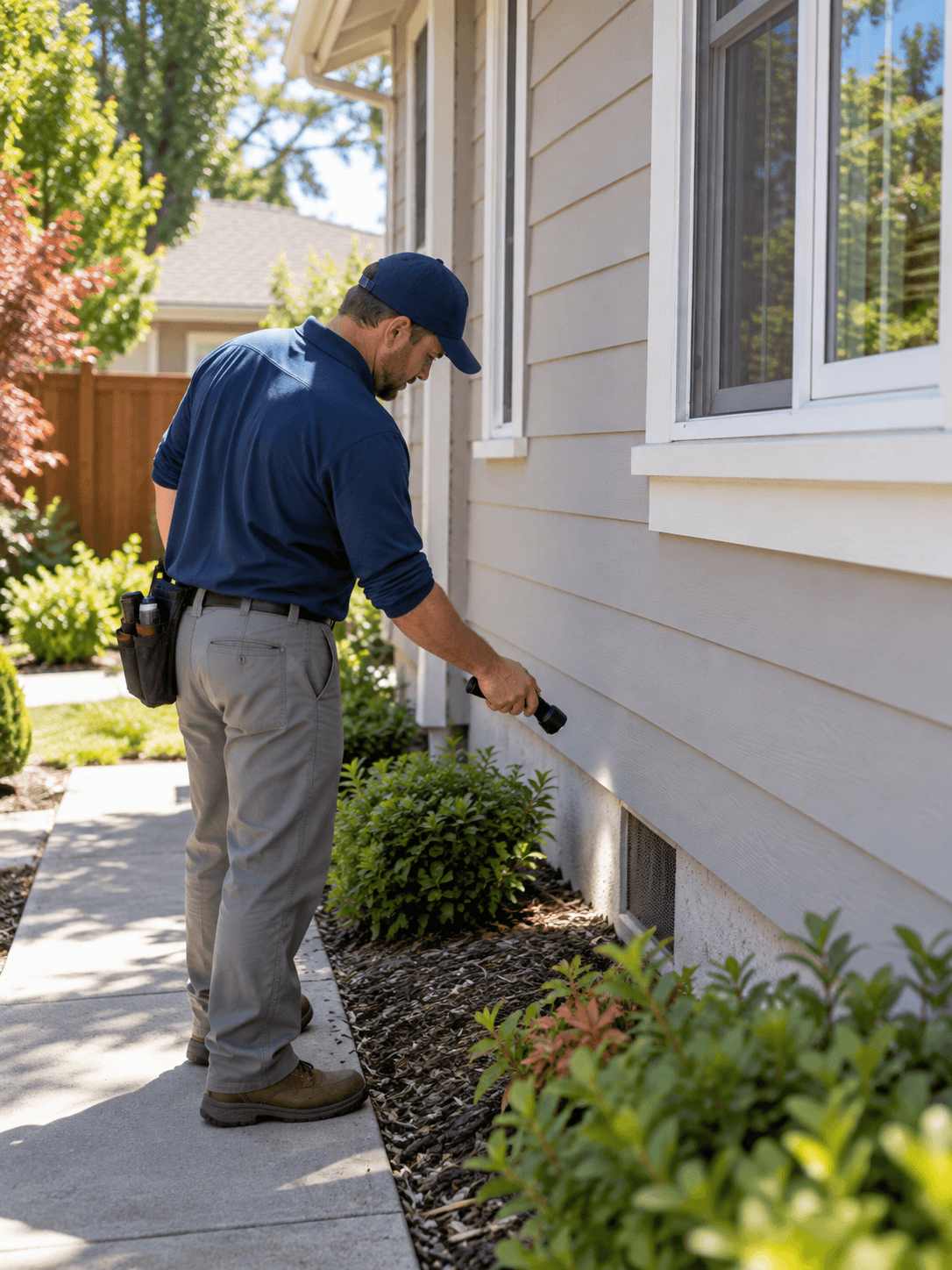 Rodent control technician inspecting a residential foundation vent in Sacramento, CA
