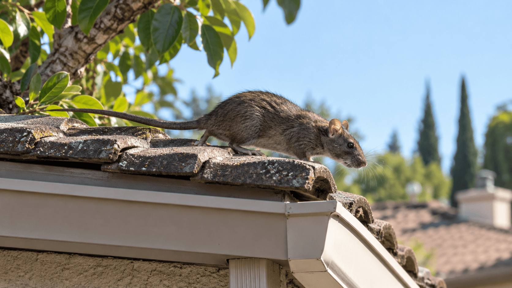 Roof rat moving along a tiled roof near a Sacramento home, showing common elevated rodent activity areas.