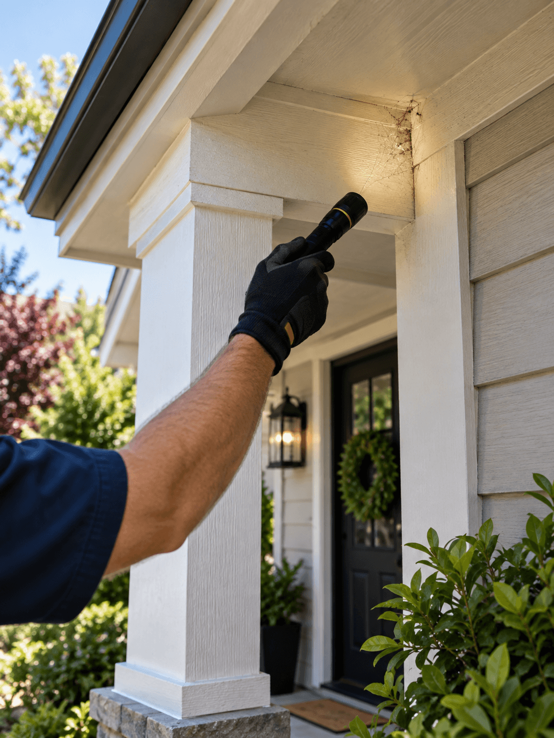 Pest control professional inspecting spider web activity around a residential porch eave in Sacramento, CA