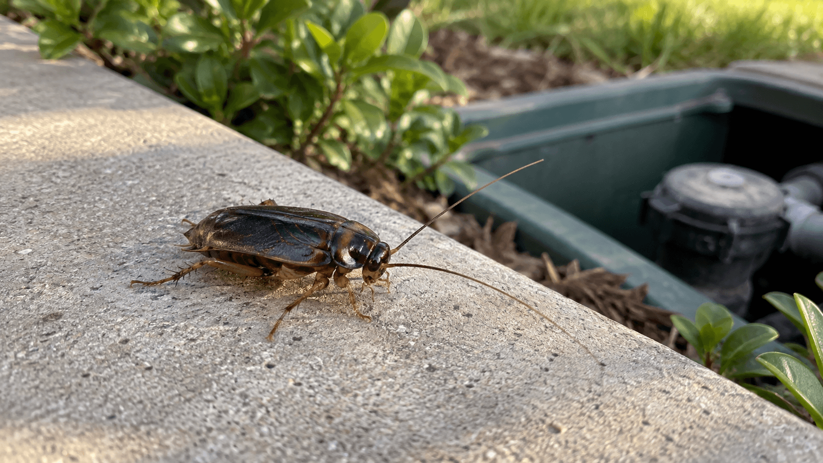 Turkestan cockroach on a concrete edge near an outdoor irrigation box in Sacramento, CA