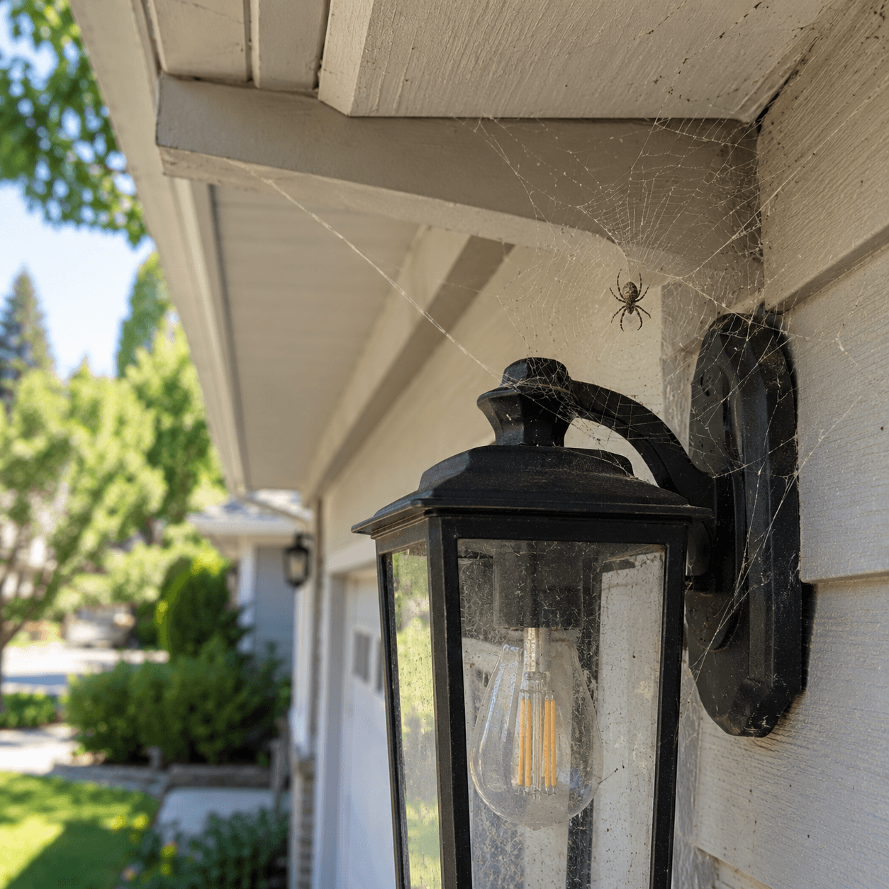Spider and web around an exterior porch light for spider control services in Sacramento, CA